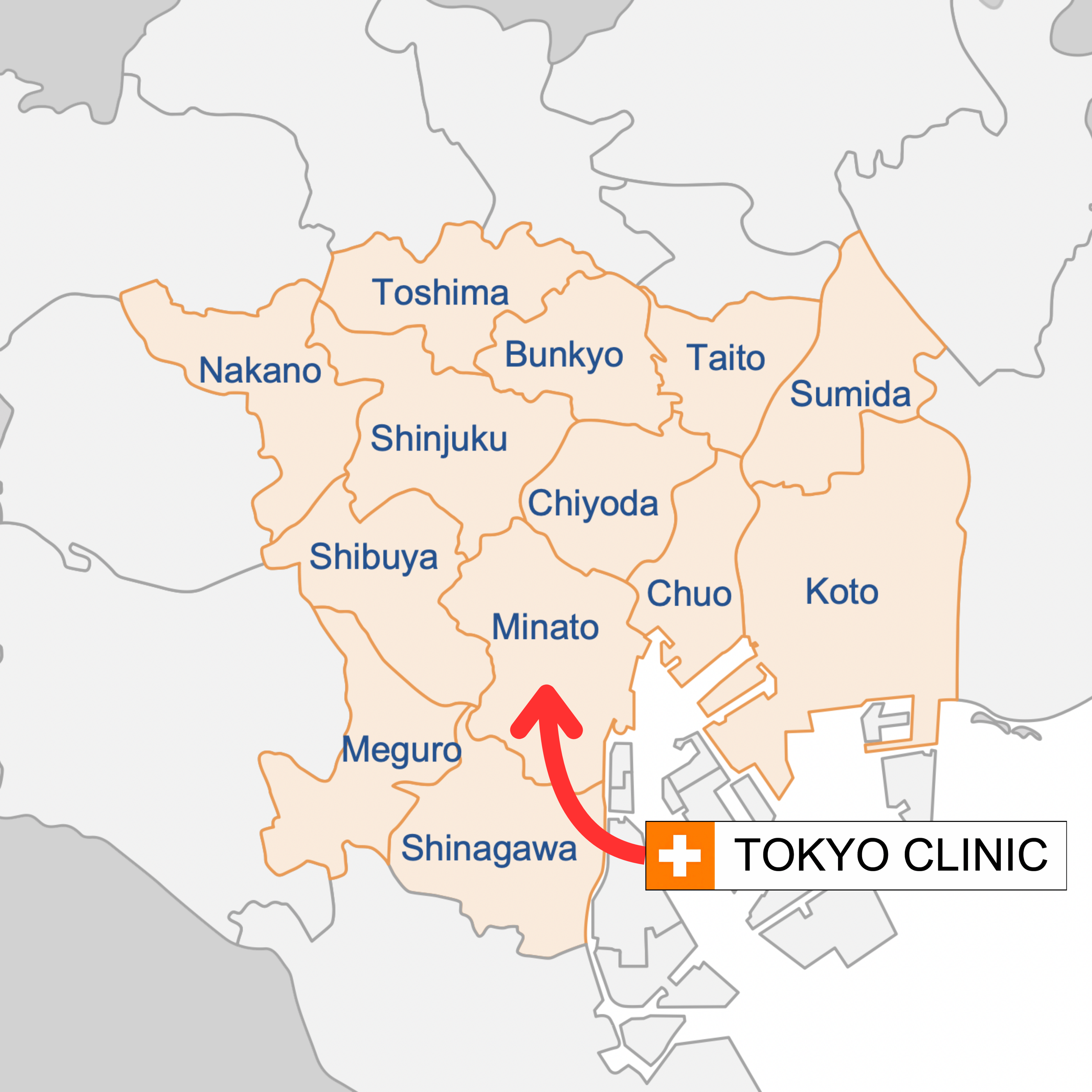 Map of TOKYO CLINIC's service area, covering all 23 wards of Tokyo plus Yokohama and Chiba