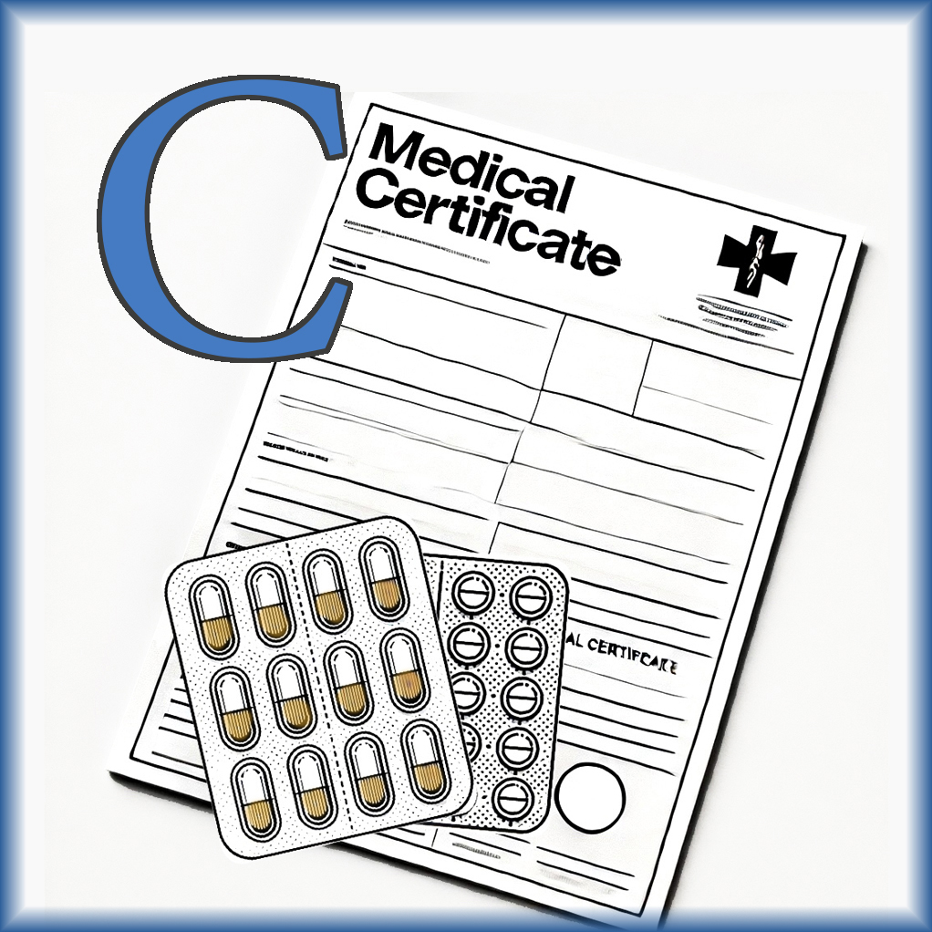 Medication and medical certificate included with a doctor hotel visit in Tokyo.