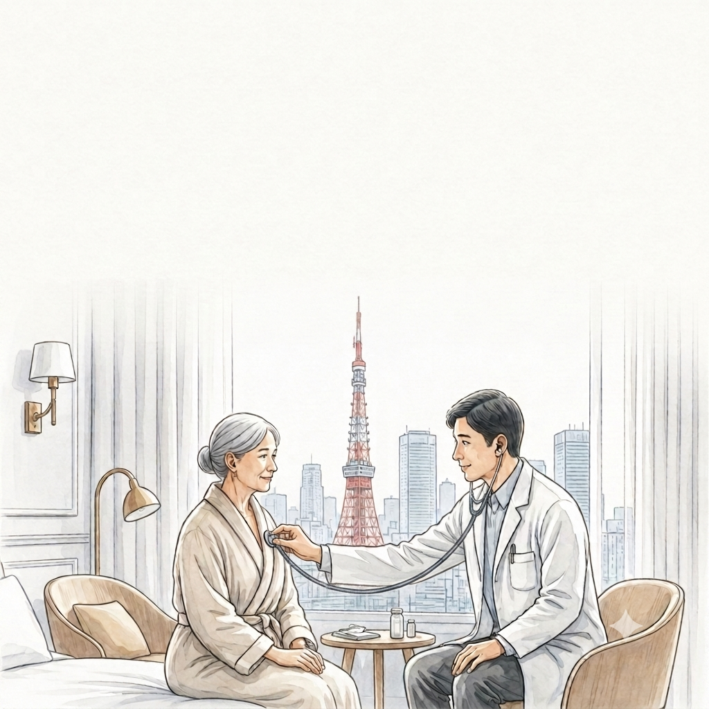 A doctor performing an in-person medical examination in a Tokyo hotel room.