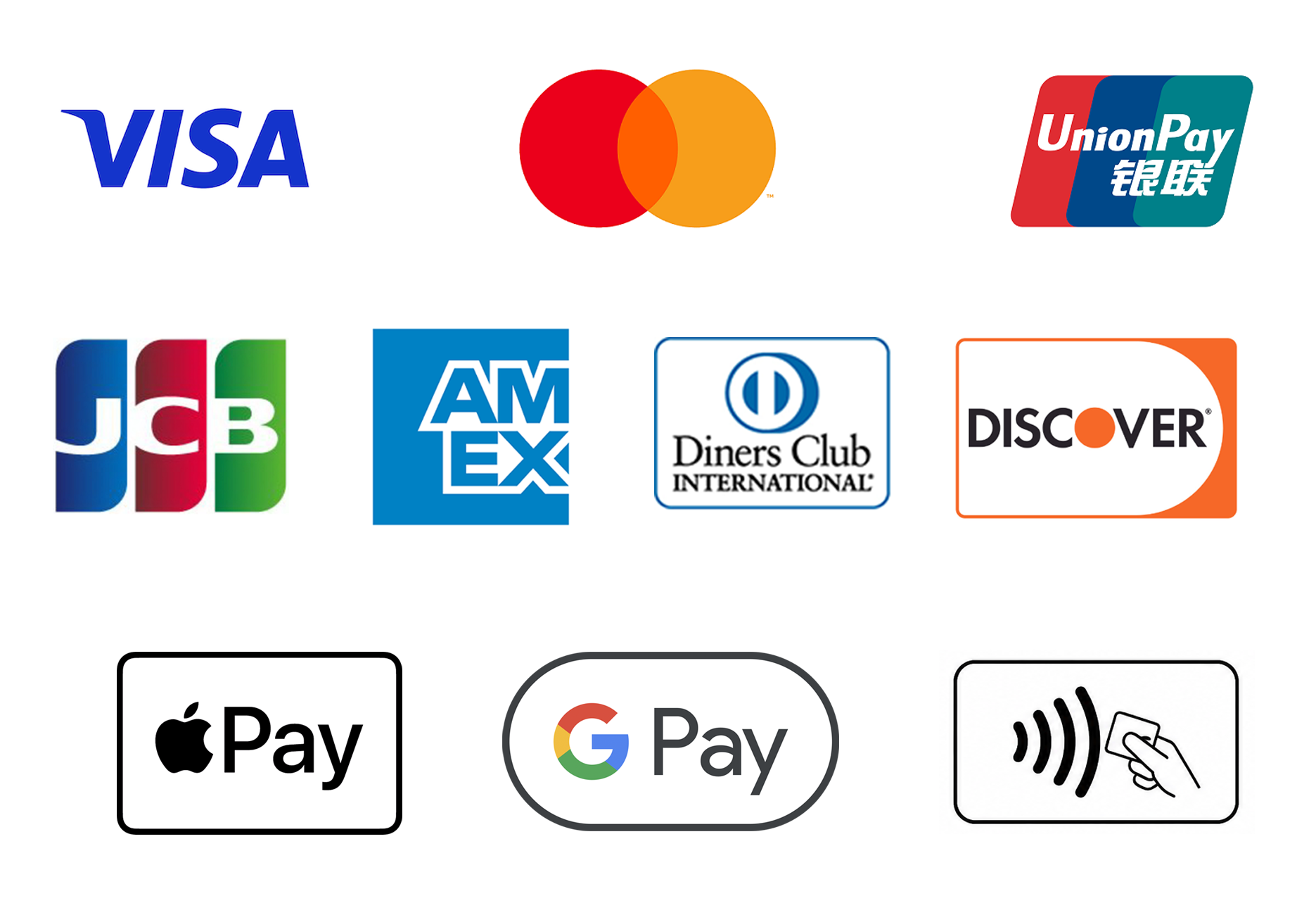 Accepted payment methods: Visa, Mastercard, UnionPay, JCB, American Express, Diners Club, Discover, Apple Pay, Google Pay, and contactless payment